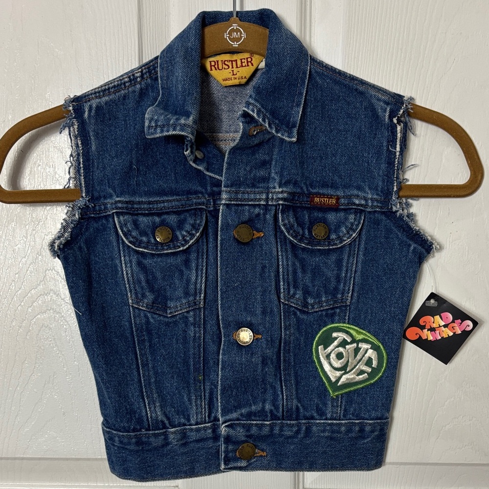 Vintage RUSTLER Customized Denim vest with patches size Large 6/8 made in USA - Picture 2 of 12